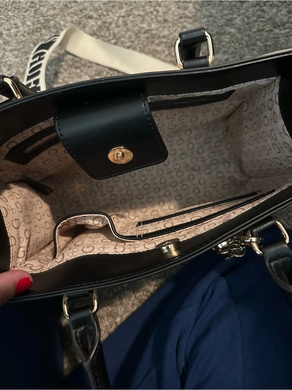Guess White and Black Logo Satchel with Gold Charm